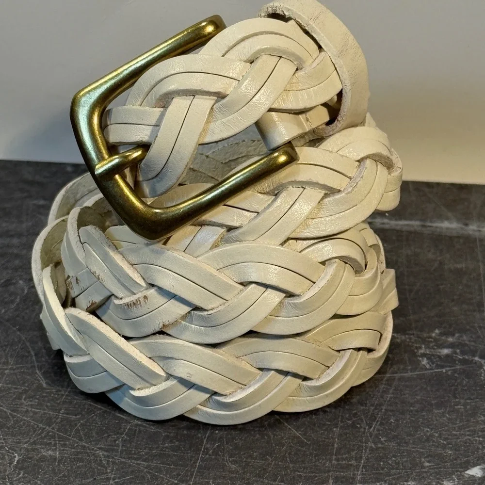 Women American Eagle Belt | Size 34 (10-12) | Cream Braided Leather Brass Buckle